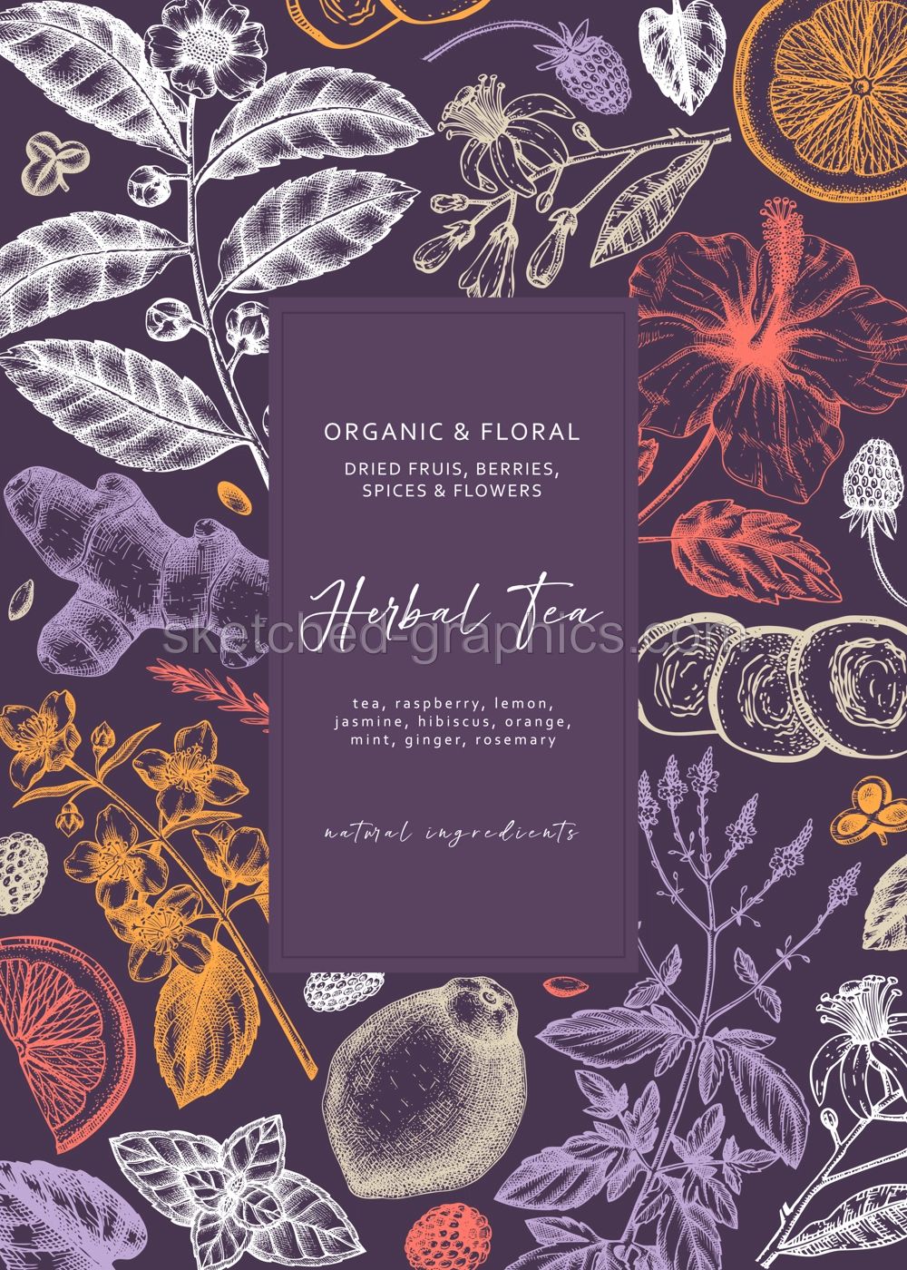 Hand sketched herbal tea ingredients banner. Vintage herbs, leaves, flowers, fruits hand drawings background. Perfect for recipe, menu, label, packaging. Herbal tea template.  Botanical illustration. Illustration
